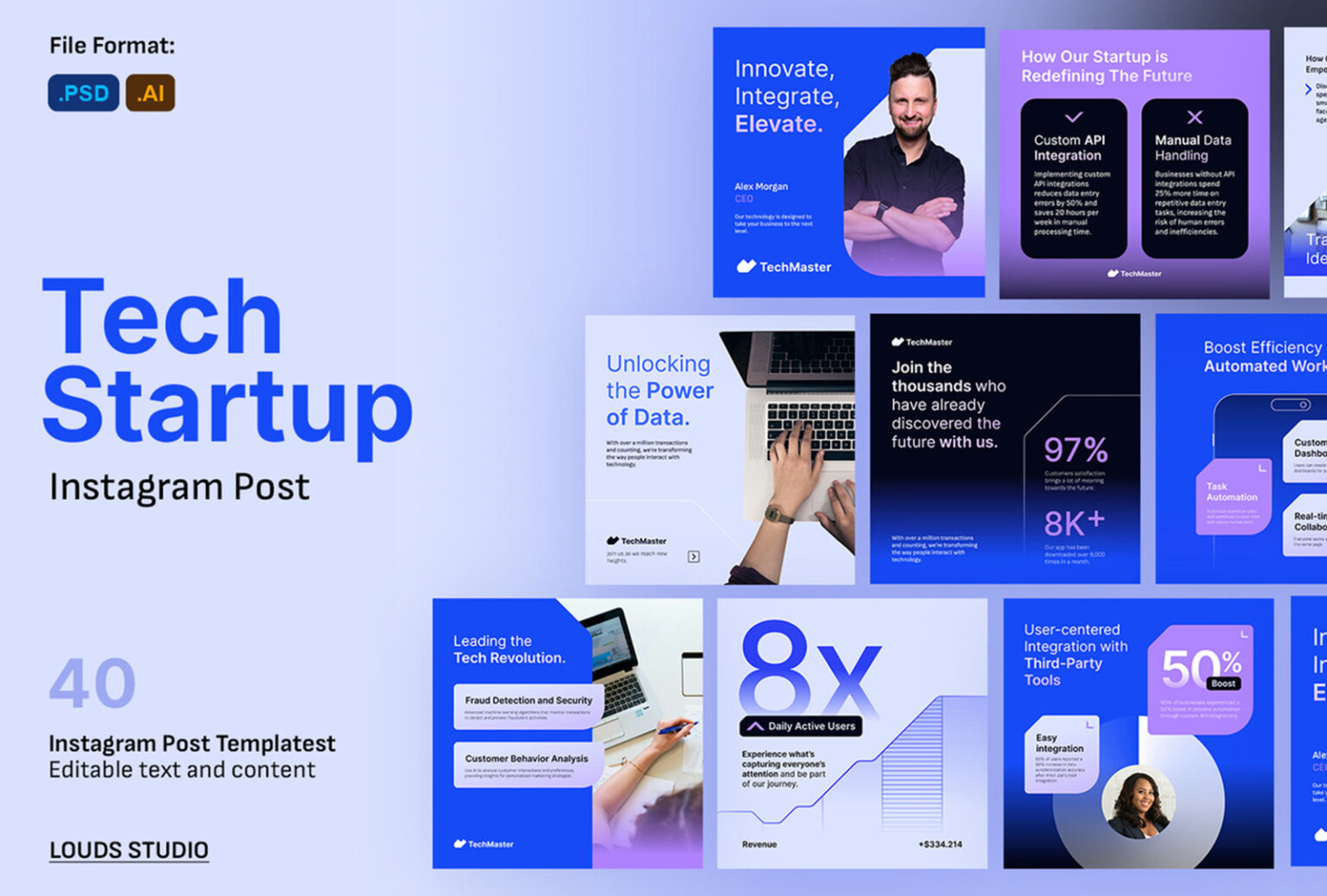 louds studio, tech, branding, application, startup, technology, business, company, data, expert, ceo, promotion, marketing, saas, investor, professional, growth, identity, minimalism, modern, chart,dashboard, features, highlights, support, instagram, templates